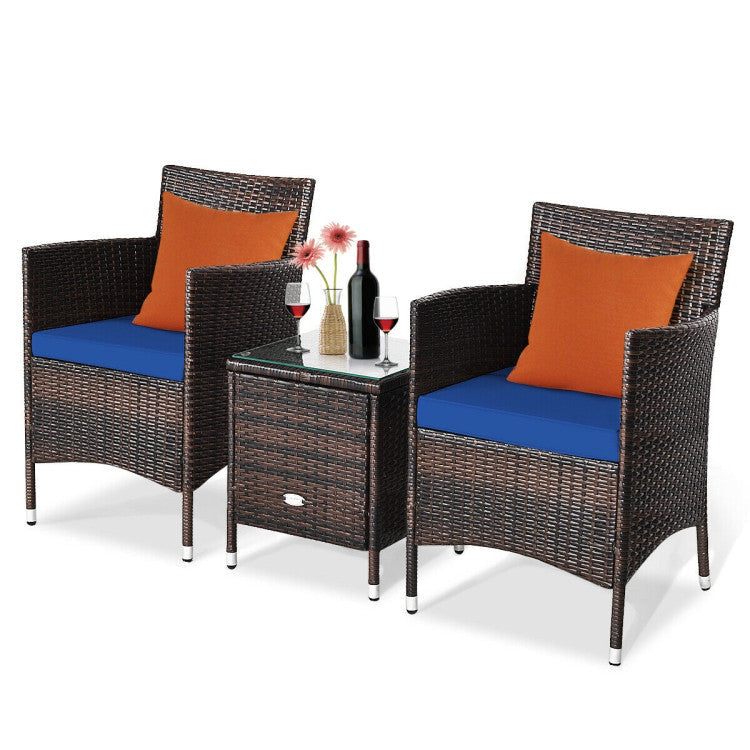 3 Pieces Rattan Coffee Table Chair Set Wicker Patio Conversation Set with Cushions