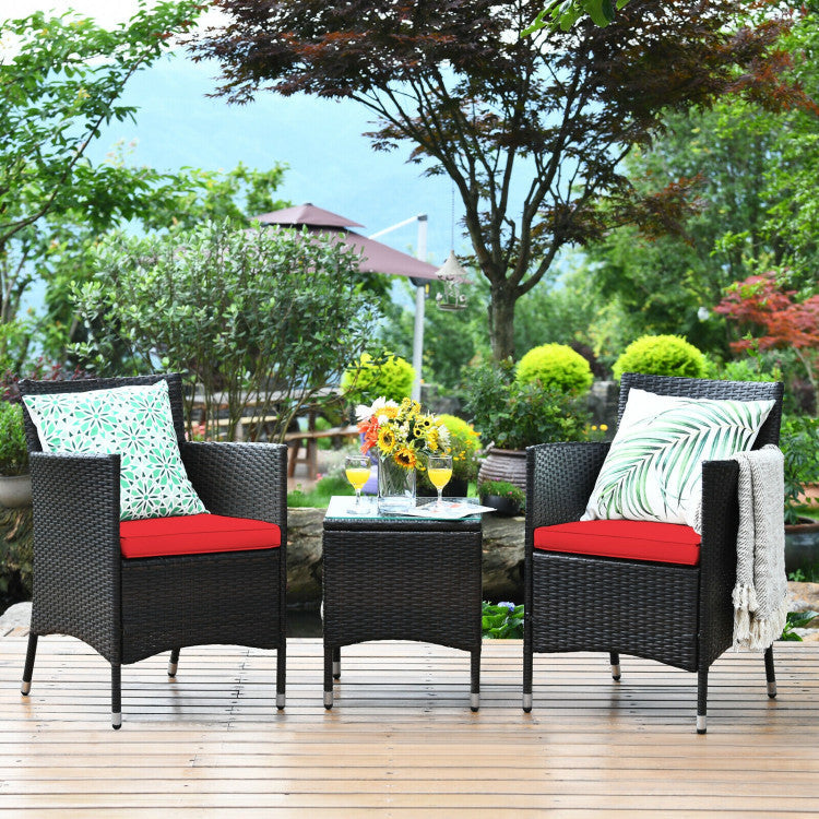 3 Pieces Rattan Coffee Table Chair Set Wicker Patio Conversation Set with Cushions