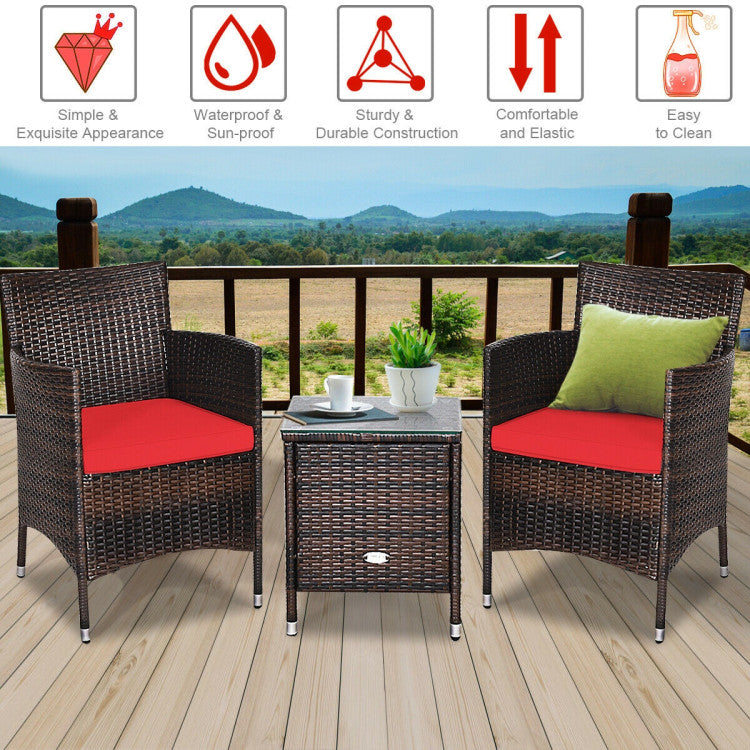 3 Pieces Rattan Coffee Table Chair Set Wicker Patio Conversation Set with Cushions