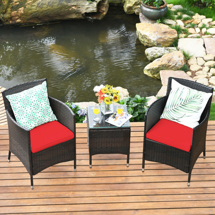 3 Pieces Rattan Coffee Table Chair Set Wicker Patio Conversation Set with Cushions