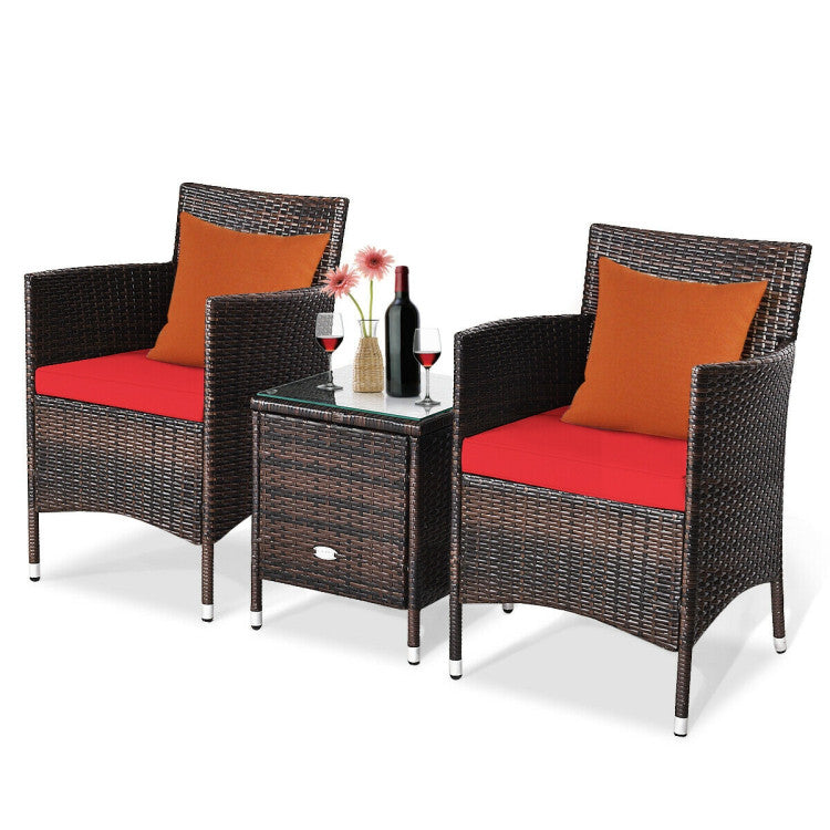 3 Pieces Rattan Coffee Table Chair Set Wicker Patio Conversation Set with Cushions