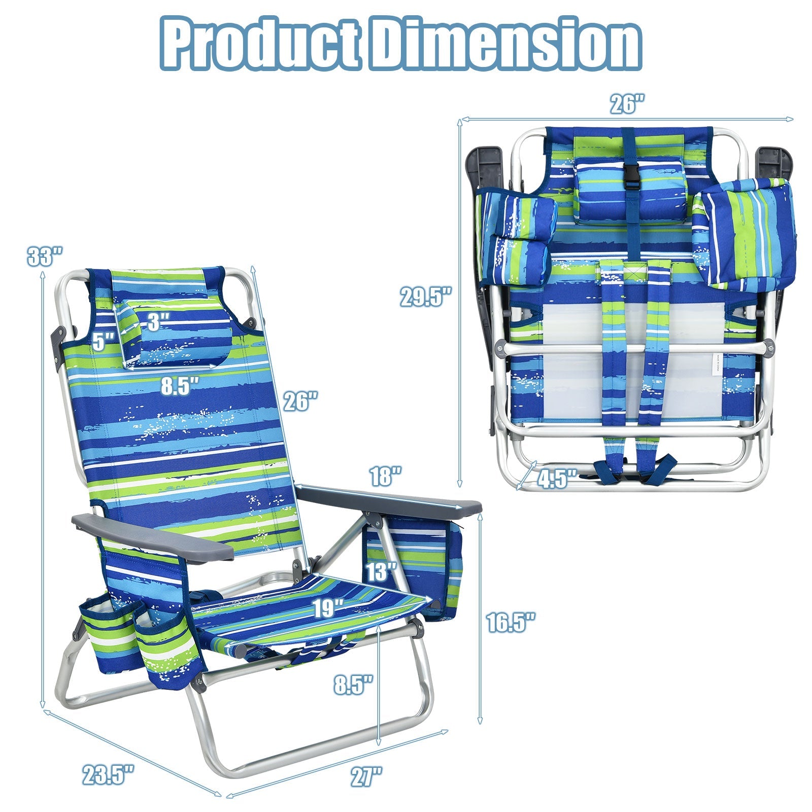 4-Pack 5 Adjustable Position Outdoor Folding Backpack Beach Reclining Chair with Pillow