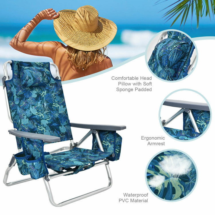 4-Pack 5 Adjustable Position Outdoor Folding Backpack Beach Reclining Chair with Pillow