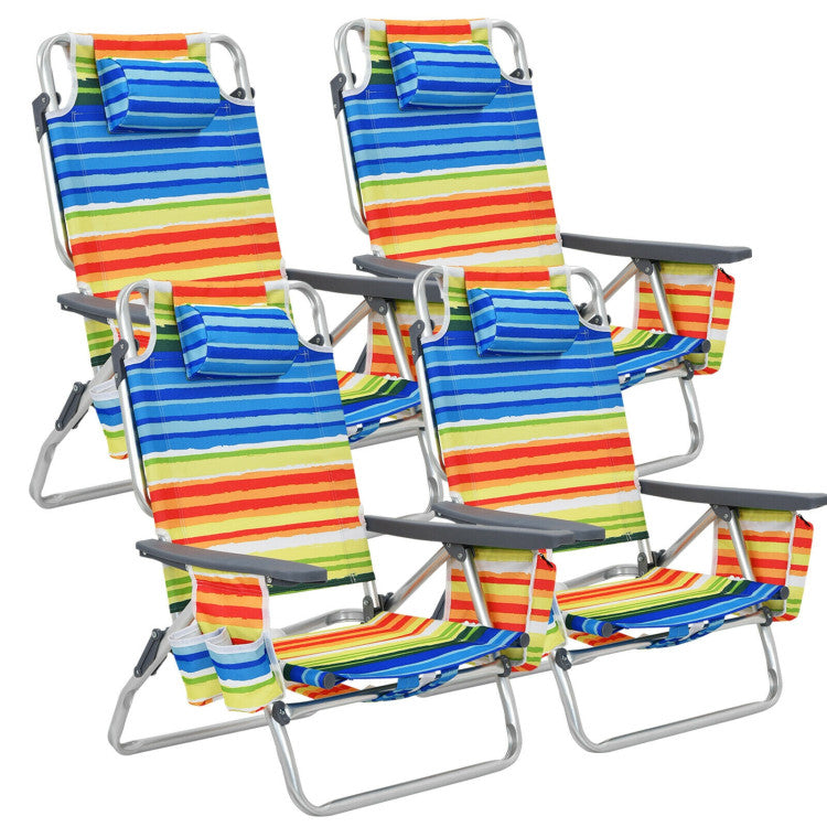 4-Pack 5 Adjustable Position Outdoor Folding Backpack Beach Reclining Chair with Pillow