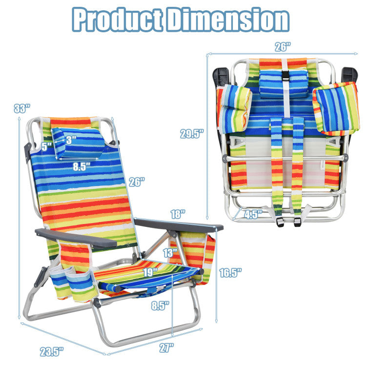 4-Pack 5 Adjustable Position Outdoor Folding Backpack Beach Reclining Chair with Pillow