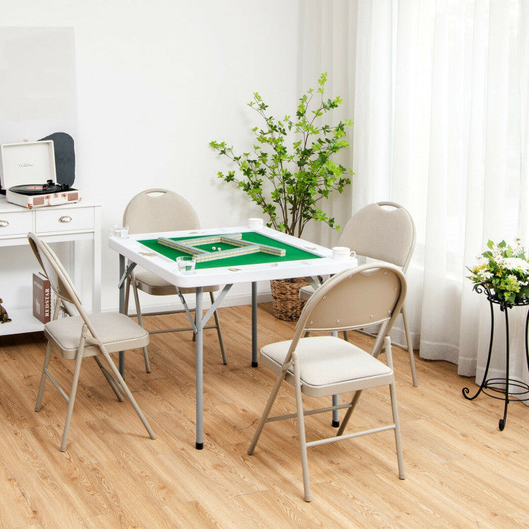 4-Player Folding Mahjong Game Table with Cup Holder and Chip Tray