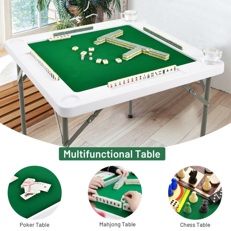 4-Player Folding Mahjong Game Table with Cup Holder and Chip Tray