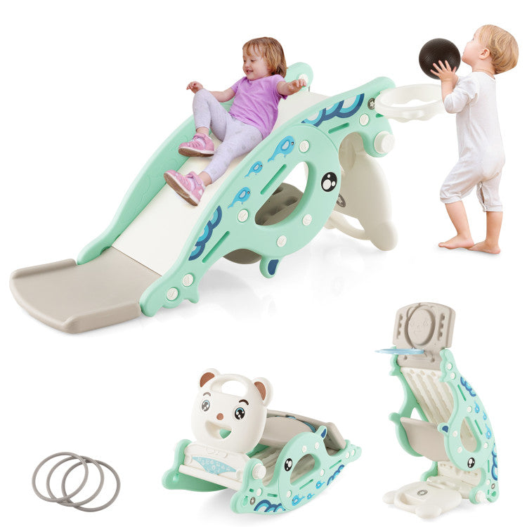 4-in-1 Kids Slide Rocking Horse with Basketball and Ring Toss for Indoor and Outdoor