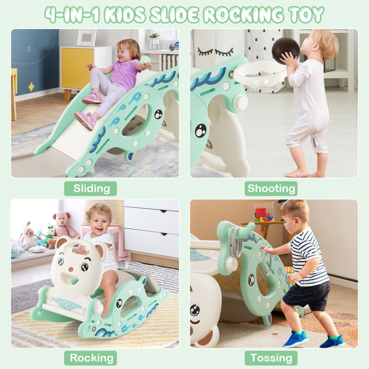 4-in-1 Kids Slide Rocking Horse with Basketball and Ring Toss for Indoor and Outdoor