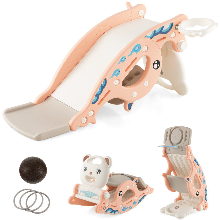 4-in-1 Kids Slide Rocking Horse with Basketball and Ring Toss for Indoor and Outdoor