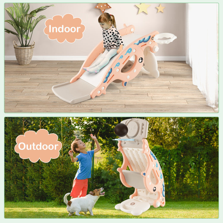 4-in-1 Kids Slide Rocking Horse with Basketball and Ring Toss for Indoor and Outdoor