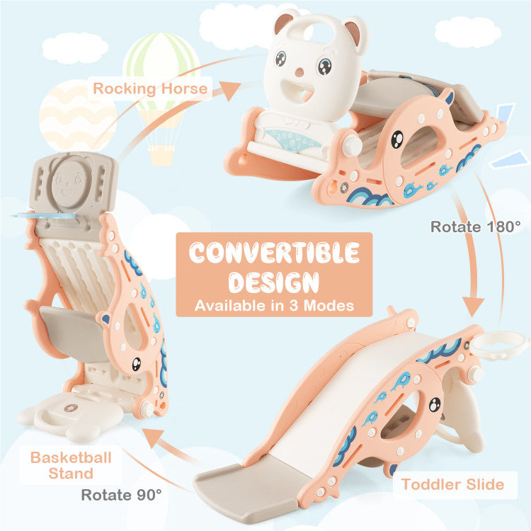 4-in-1 Kids Slide Rocking Horse with Basketball and Ring Toss for Indoor and Outdoor