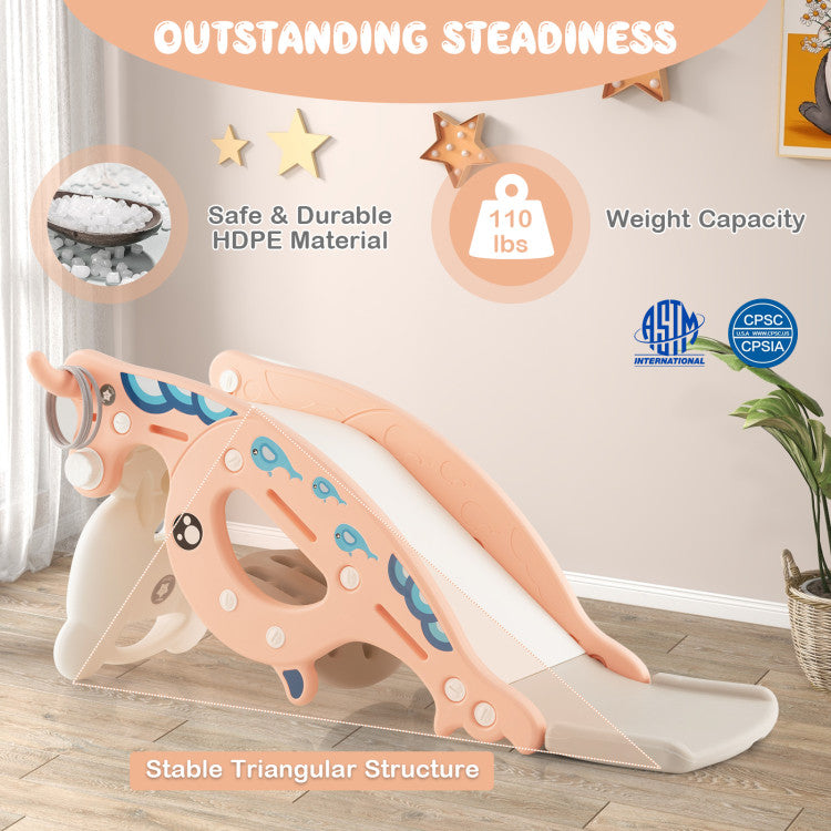 4-in-1 Kids Slide Rocking Horse with Basketball and Ring Toss for Indoor and Outdoor