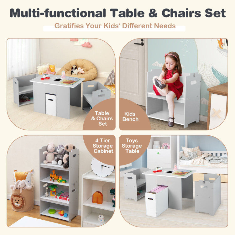 4-in-1 Kids Table and Chairs with Multiple Storage for Learning and Drawing