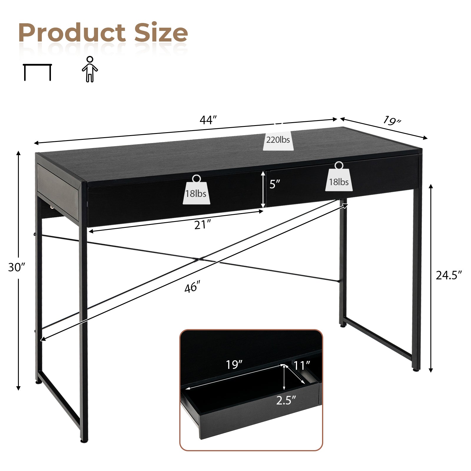 44-Inch Computer Desk Writing Study Desk with 2-Drawer for Home Office