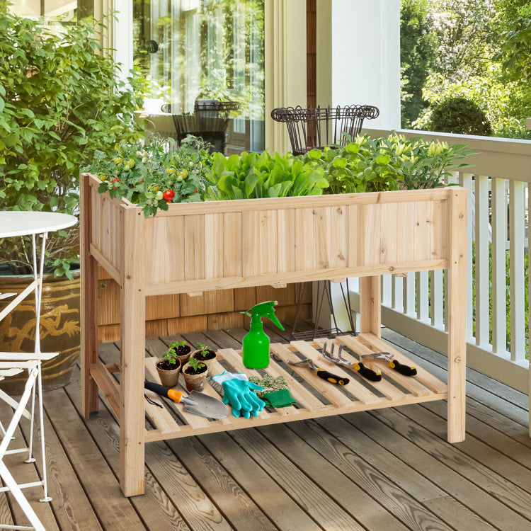 47 Inch 2-Tier Wooden Raised Garden Bed with Bottom Shelf and Bed Liner