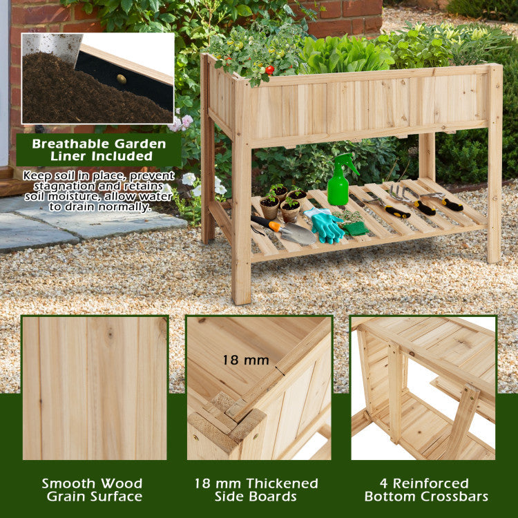 47 Inch 2-Tier Wooden Raised Garden Bed with Bottom Shelf and Bed Liner