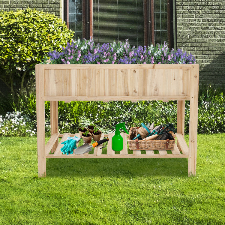 47 Inch 2-Tier Wooden Raised Garden Bed with Bottom Shelf and Bed Liner