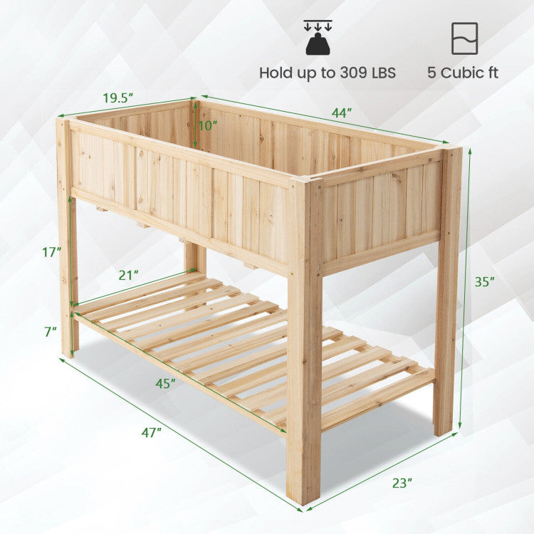 47 Inch 2-Tier Wooden Raised Garden Bed with Bottom Shelf and Bed Liner