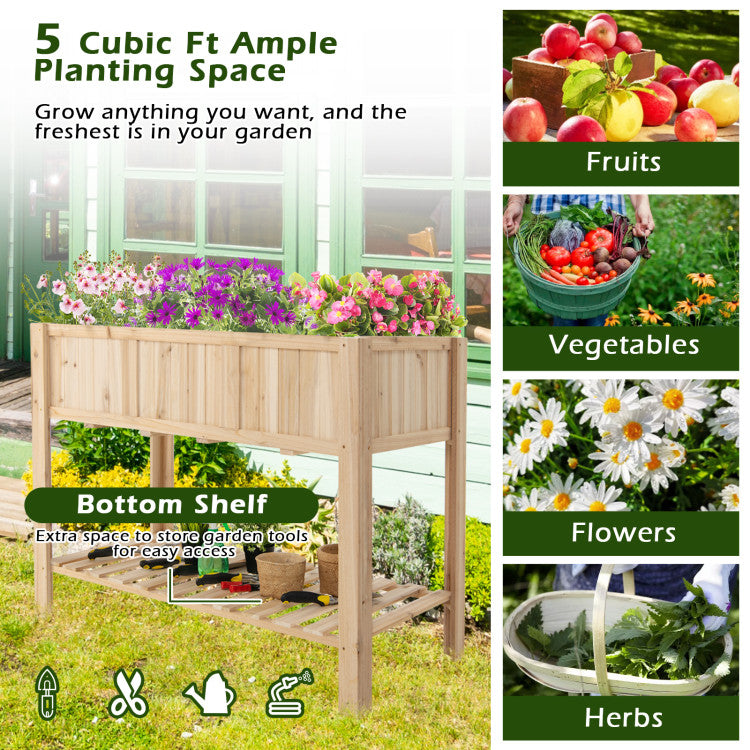 47 Inch 2-Tier Wooden Raised Garden Bed with Bottom Shelf and Bed Liner