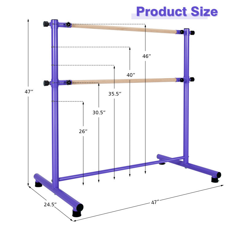 47 Inch 5 Adjustable Heights Double Ballet Barre with Anti-Slip Footpads