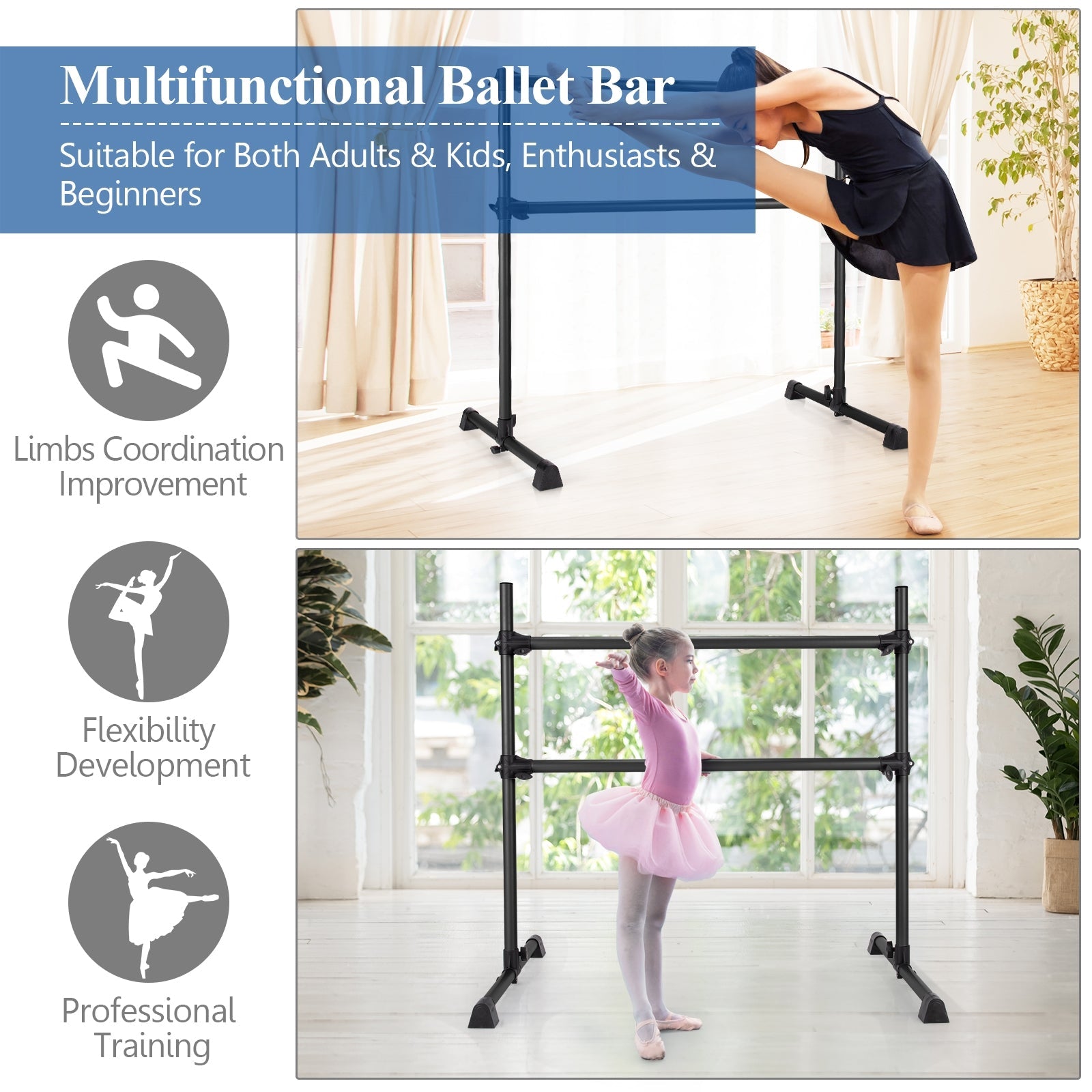 4 Feet Anti-slip Double Ballet Barre Bar with Adjustable Height