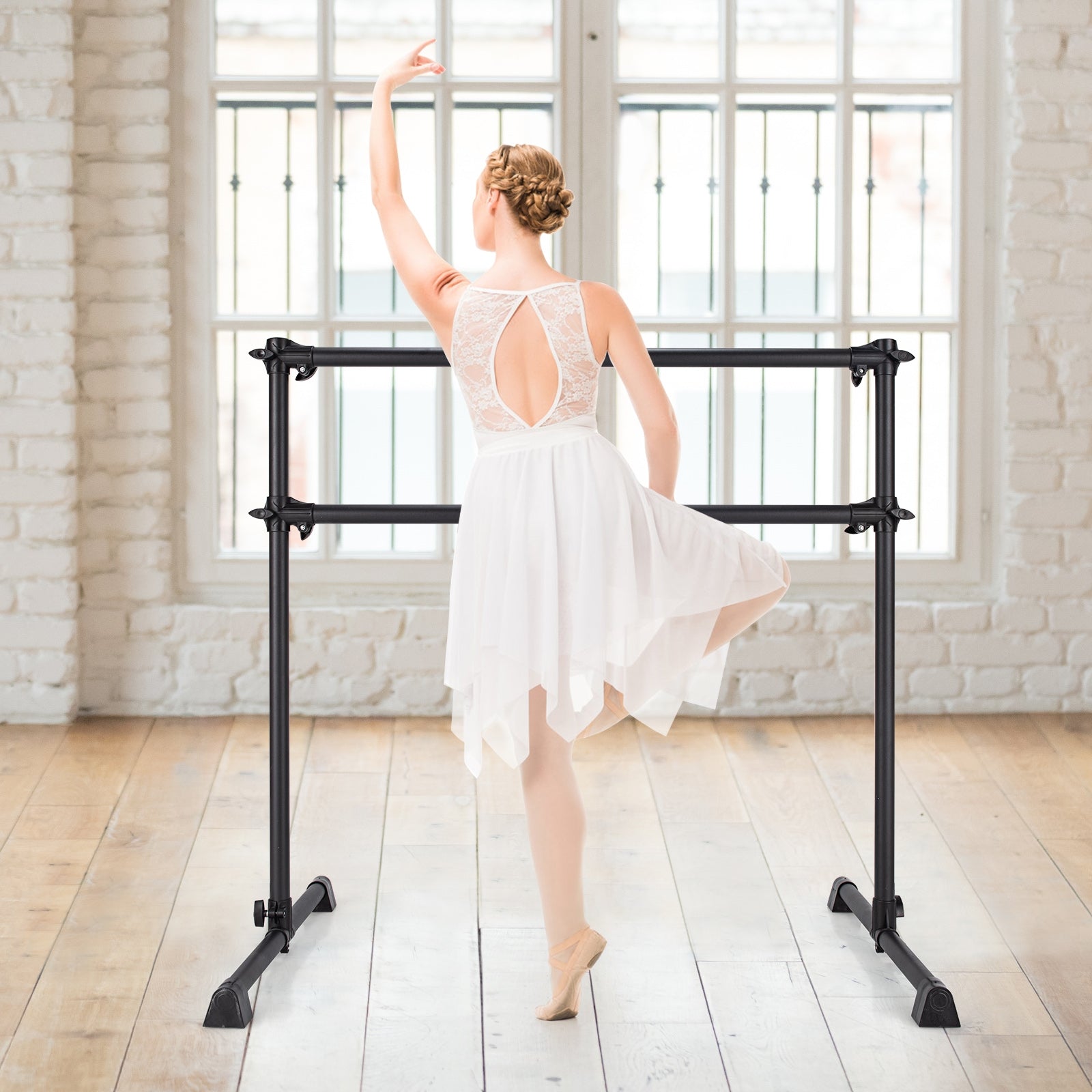 4 Feet Anti-slip Double Ballet Barre Bar with Adjustable Height