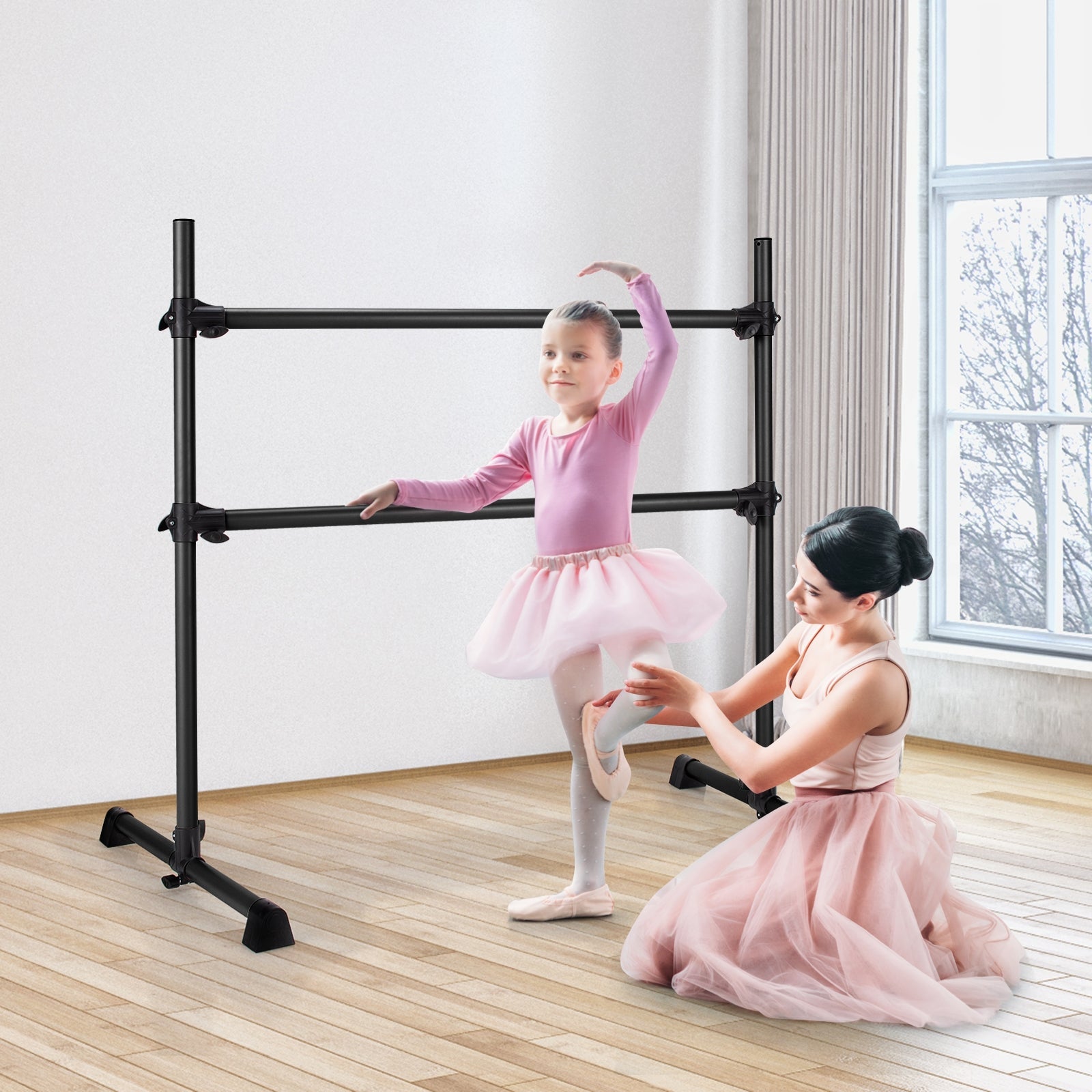 4 Feet Anti-slip Double Ballet Barre Bar with Adjustable Height