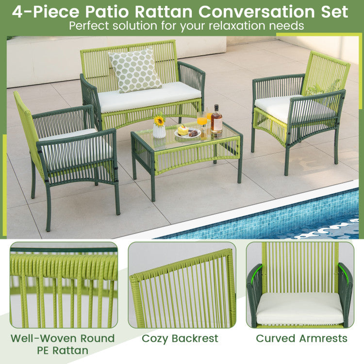 4 Piece Patio Round Wicker Coffee Table Conversation Set with Cushion