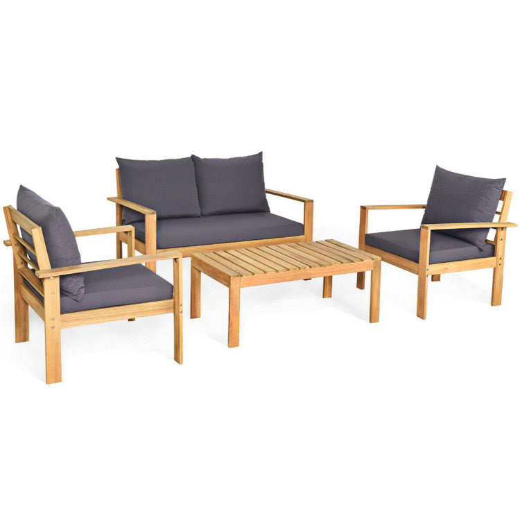 4 Pieces Acacia Wood Chat Set with Water Resistant Cushions for Pool & Outdoor Patio