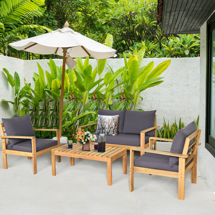 4 Pieces Acacia Wood Chat Set with Water Resistant Cushions for Pool & Outdoor Patio