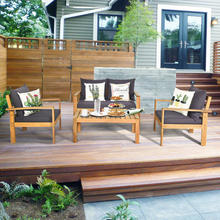 4 Pieces Acacia Wood Chat Set with Water Resistant Cushions for Pool & Outdoor Patio