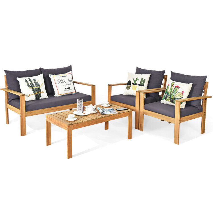 4 Pieces Acacia Wood Chat Set with Water Resistant Cushions for Pool & Outdoor Patio