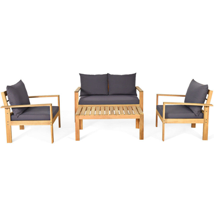 4 Pieces Acacia Wood Chat Set with Water Resistant Cushions for Pool & Outdoor Patio