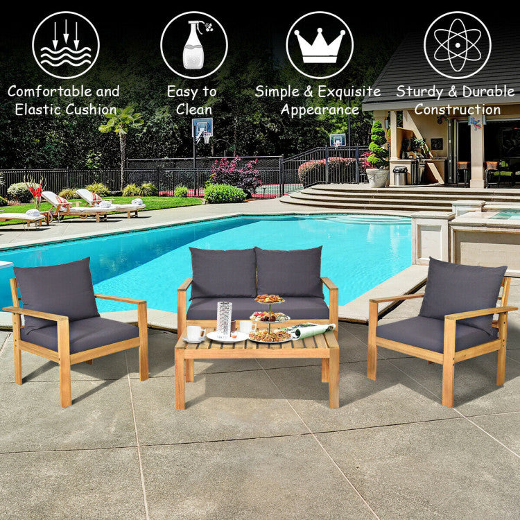 4 Pieces Acacia Wood Chat Set with Water Resistant Cushions for Pool & Outdoor Patio