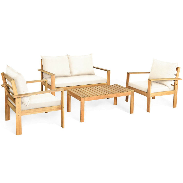 4 Pieces Acacia Wood Chat Set with Water Resistant Cushions for Pool & Outdoor Patio