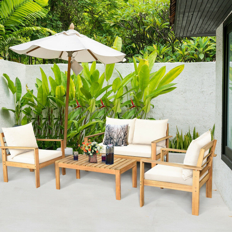 4 Pieces Acacia Wood Chat Set with Water Resistant Cushions for Pool & Outdoor Patio