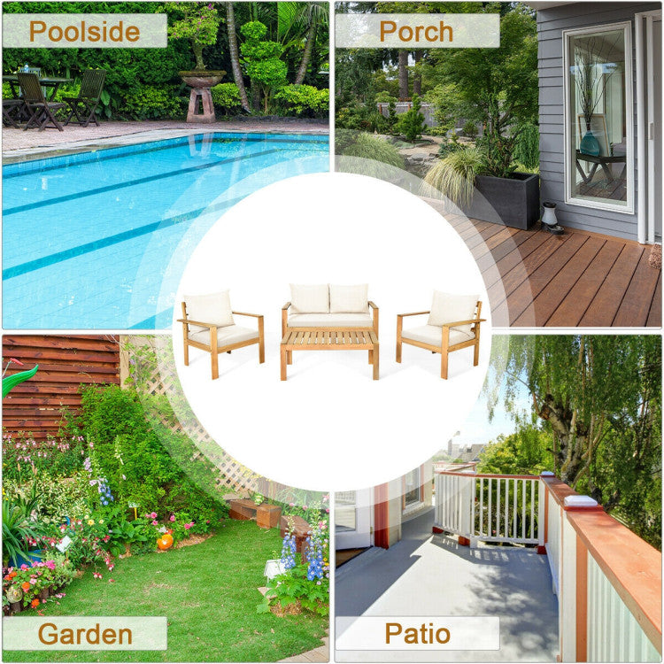 4 Pieces Acacia Wood Chat Set with Water Resistant Cushions for Pool & Outdoor Patio