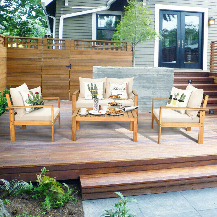 4 Pieces Acacia Wood Chat Set with Water Resistant Cushions for Pool & Outdoor Patio