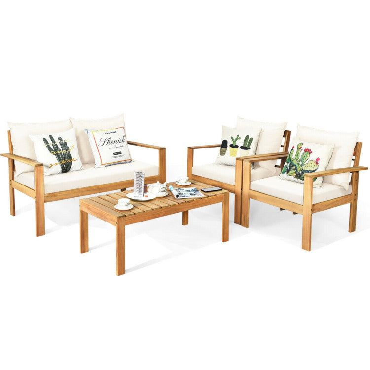 4 Pieces Acacia Wood Chat Set with Water Resistant Cushions for Pool & Outdoor Patio