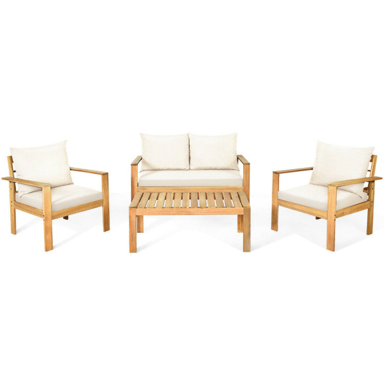 4 Pieces Acacia Wood Chat Set with Water Resistant Cushions for Pool & Outdoor Patio