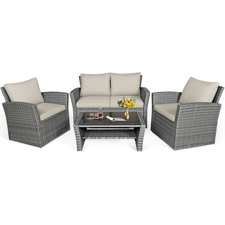 4 Pieces Outdoor Patio Rattan Furniture Set Sofa Table with Storage Shelf and Cushion