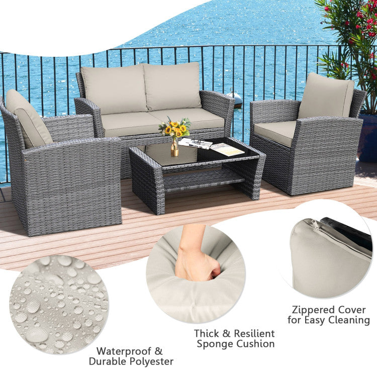 4 Pieces Outdoor Patio Rattan Furniture Set Sofa Table with Storage Shelf and Cushion