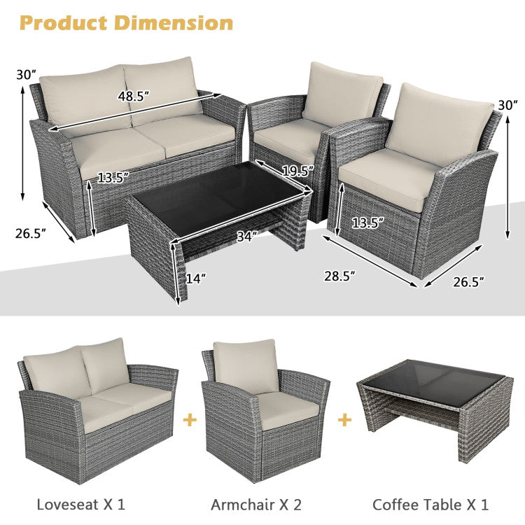 4 Pieces Outdoor Patio Rattan Furniture Set Sofa Table with Storage Shelf and Cushion