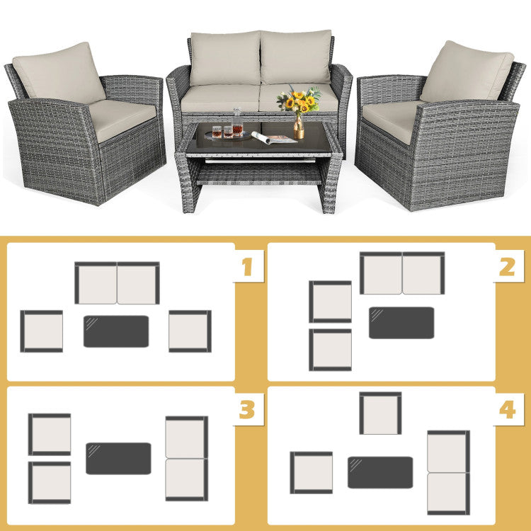 4 Pieces Outdoor Patio Rattan Furniture Set Sofa Table with Storage Shelf and Cushion