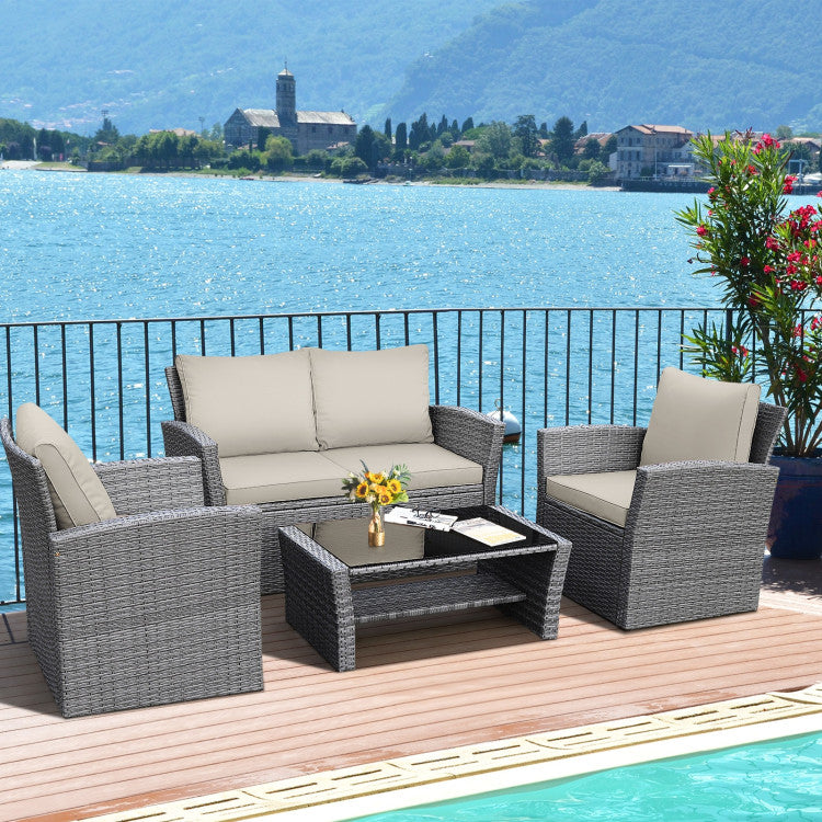 4 Pieces Outdoor Patio Rattan Furniture Set Sofa Table with Storage Shelf and Cushion