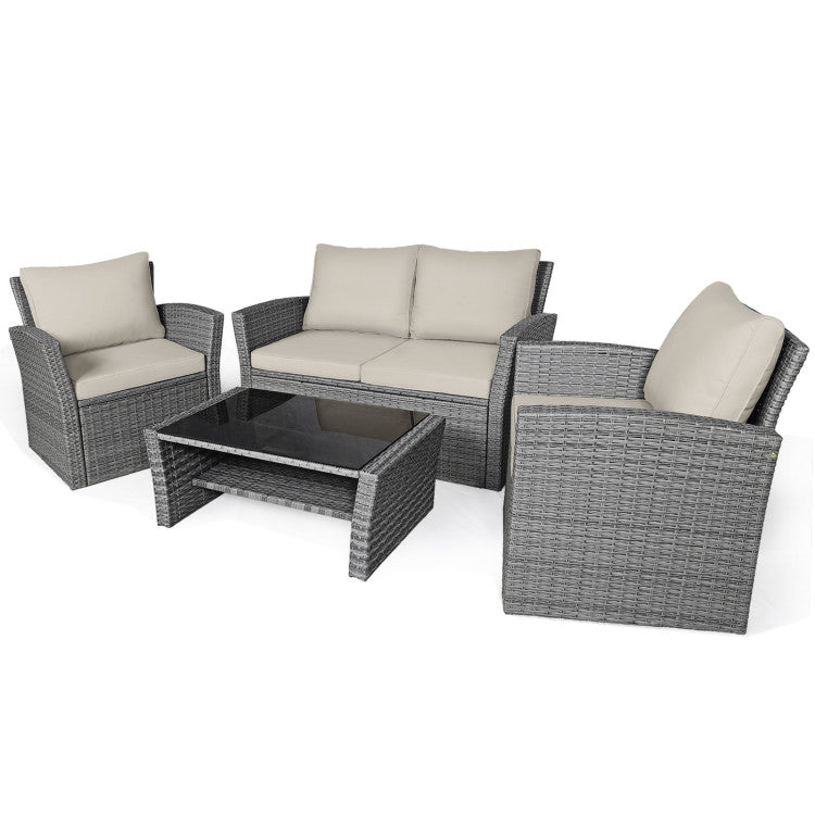 4 Pieces Outdoor Patio Rattan Furniture Set Sofa Table with Storage Shelf and Cushion