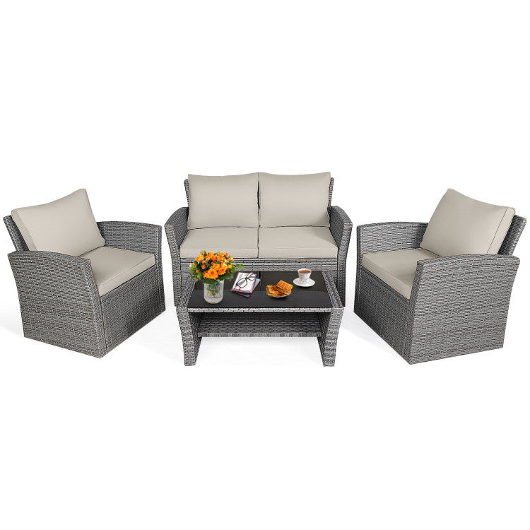 4 Pieces Outdoor Patio Rattan Furniture Set Sofa Table with Storage Shelf and Cushion