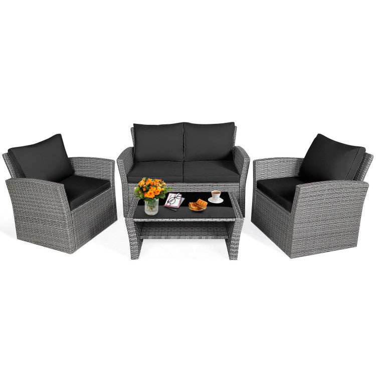 4 Pieces Outdoor Patio Rattan Furniture Set Sofa Table with Storage Shelf and Cushion