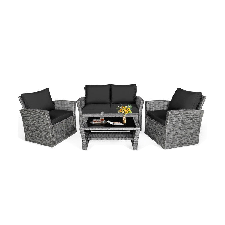 4 Pieces Outdoor Patio Rattan Furniture Set Sofa Table with Storage Shelf and Cushion